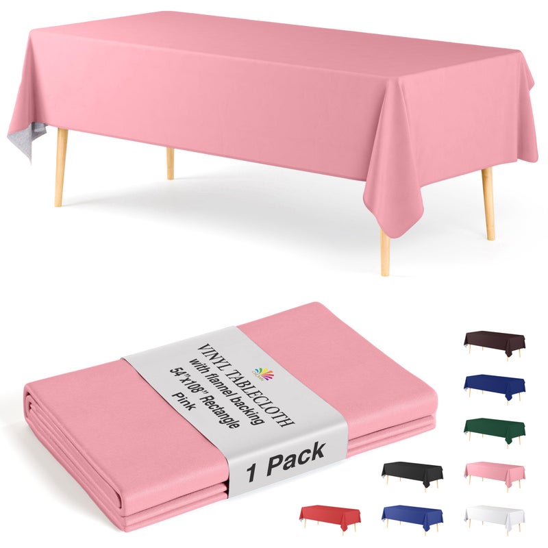 Exquisite Pink Vinyl Tablecloths - 54 in. x 108 in. - Pack of 1 Rectangle Tablecloth with Flannel Backing - Plastic, Reusable & Waterproof - Image 1